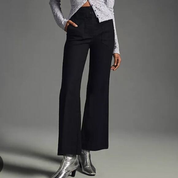 Maeve Anthropologie Black Linen Blend Cropped Flare Wide Leg Naomi Pants - 4 - Picture 1 of 12
